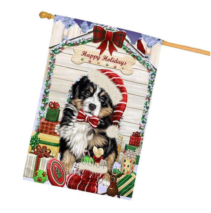 Happy Holidays Christmas Bernese Mountain Dog House with Presents House Flag FLG51397