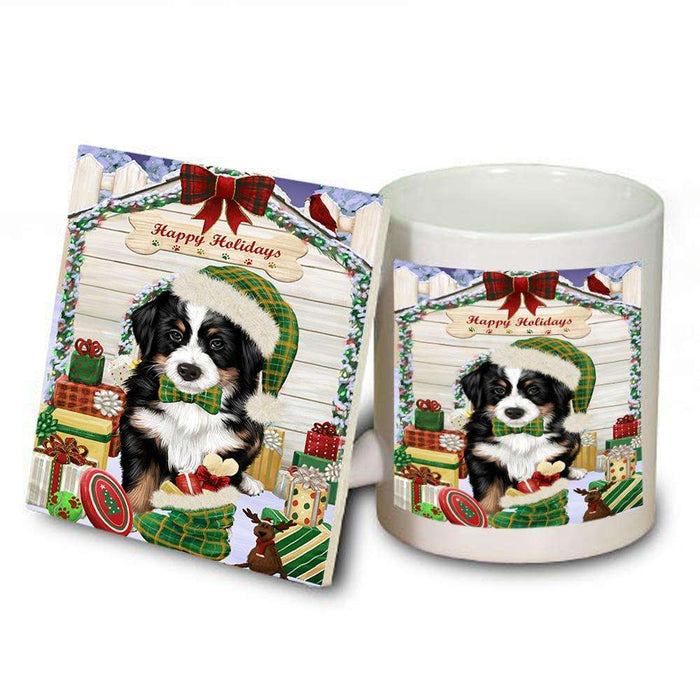 Happy Holidays Christmas Bernese Mountain Dog House with Presents Mug and Coaster Set MUC51328