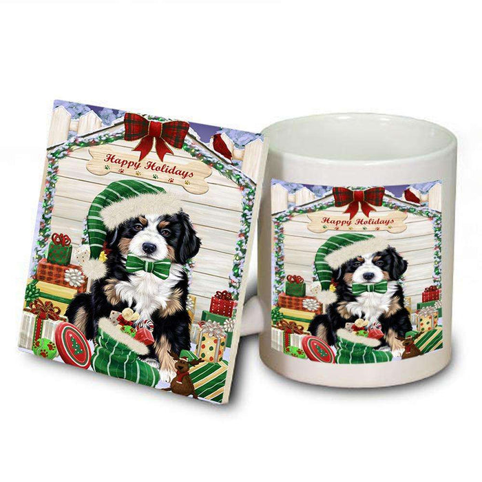 Happy Holidays Christmas Bernese Mountain Dog House with Presents Mug and Coaster Set MUC51329