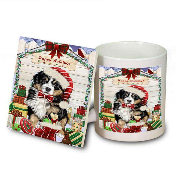 Happy Holidays Christmas Bernese Mountain Dog House with Presents Mug and Coaster Set MUC51331