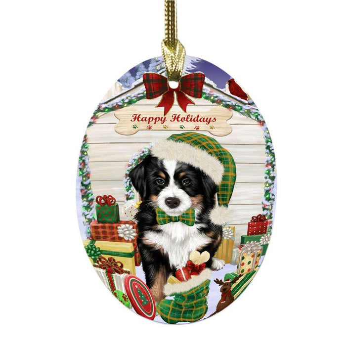 Happy Holidays Christmas Bernese Mountain Dog House With Presents Oval Glass Christmas Ornament OGOR49786