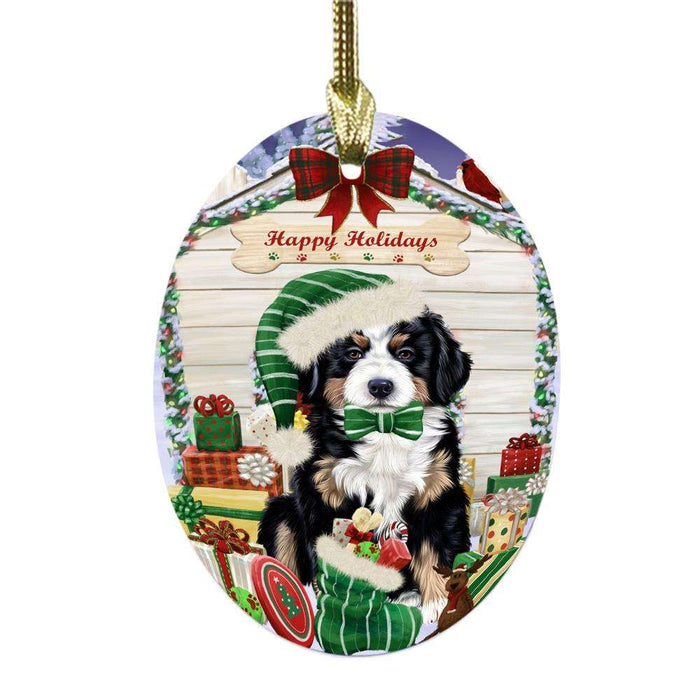 Happy Holidays Christmas Bernese Mountain Dog House With Presents Oval Glass Christmas Ornament OGOR49787