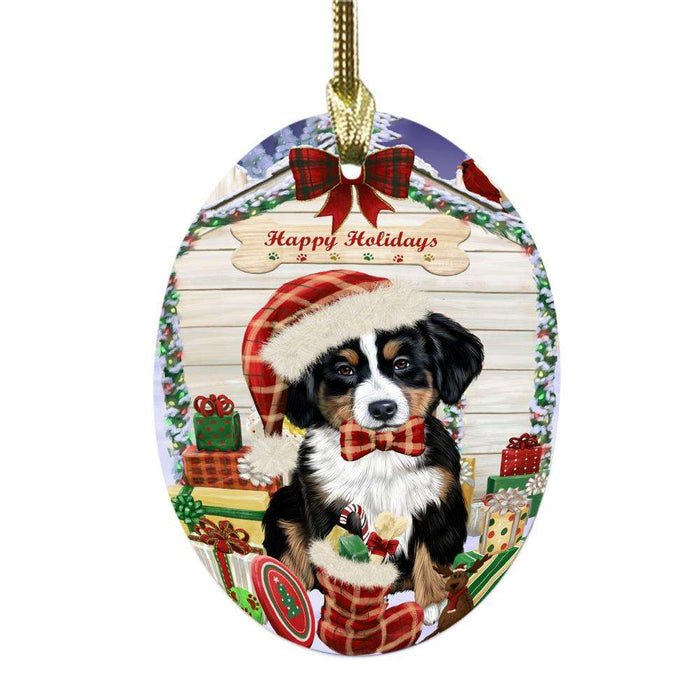 Happy Holidays Christmas Bernese Mountain Dog House With Presents Oval Glass Christmas Ornament OGOR49788
