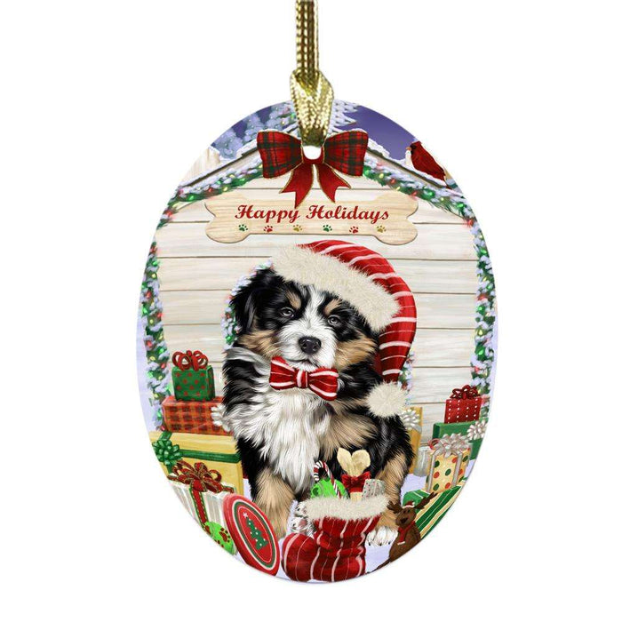 Happy Holidays Christmas Bernese Mountain Dog House With Presents Oval Glass Christmas Ornament OGOR49789