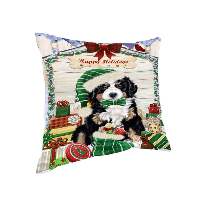 Happy Holidays Christmas Bernese Mountain Dog House with Presents Pillow PIL61412