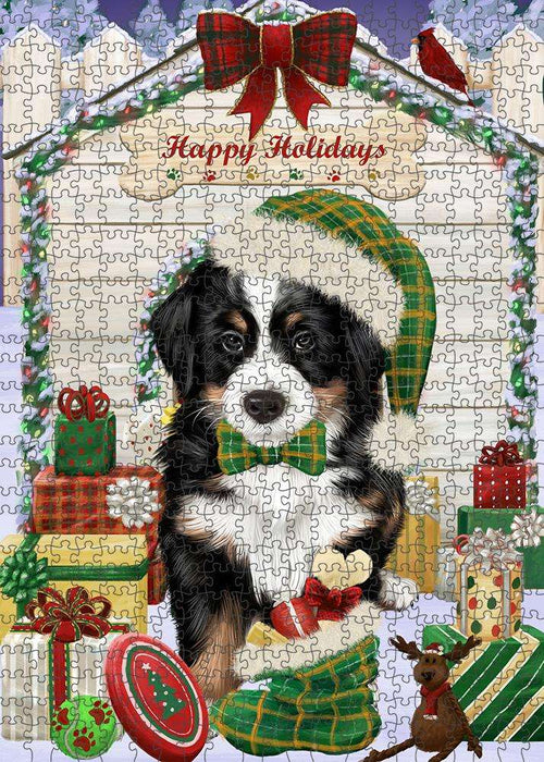 Happy Holidays Christmas Bernese Mountain Dog House with Presents Puzzle with Photo Tin PUZL57870