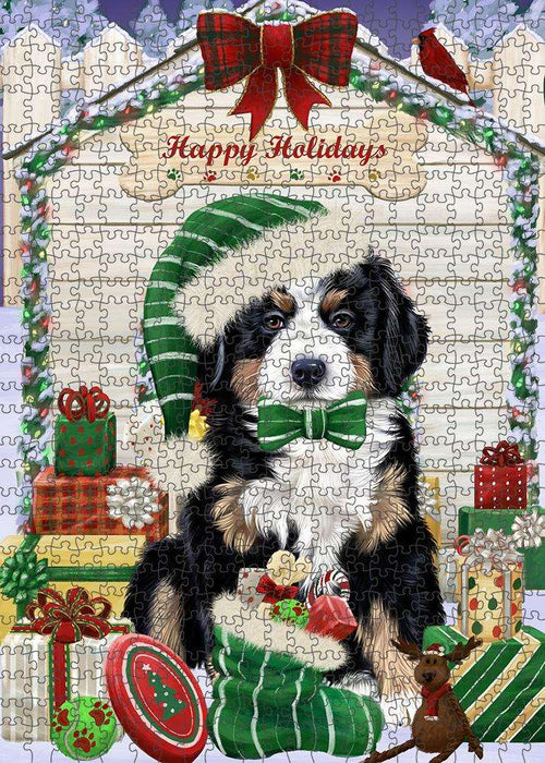 Happy Holidays Christmas Bernese Mountain Dog House with Presents Puzzle with Photo Tin PUZL57873