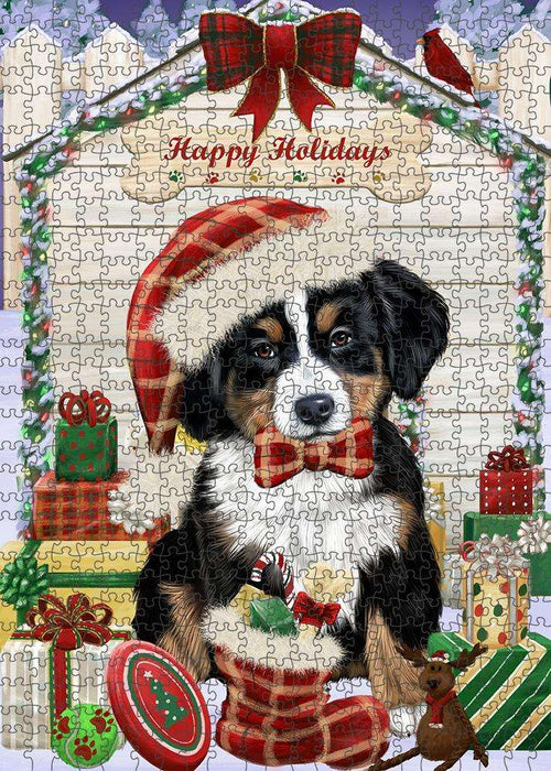 Happy Holidays Christmas Bernese Mountain Dog House with Presents Puzzle with Photo Tin PUZL57876