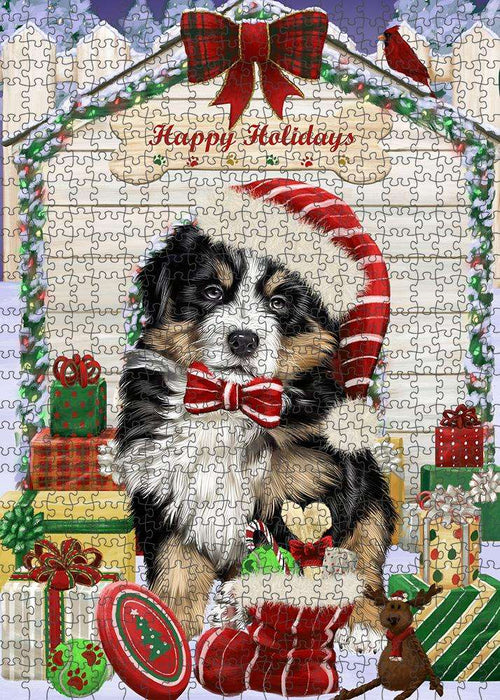 Happy Holidays Christmas Bernese Mountain Dog House with Presents Puzzle with Photo Tin PUZL57879