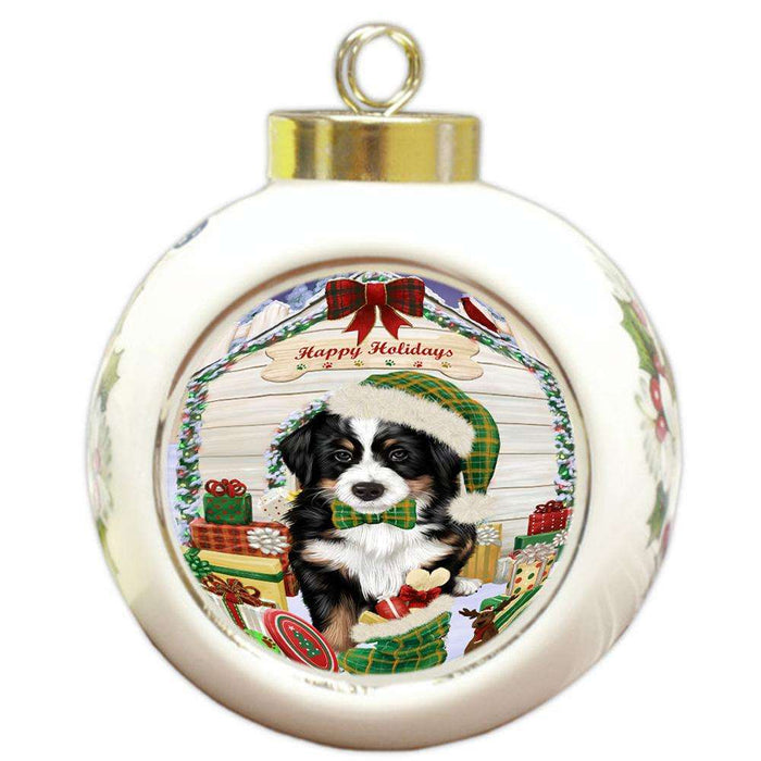Happy Holidays Christmas Bernese Mountain Dog House with Presents Round Ball Christmas Ornament RBPOR51336