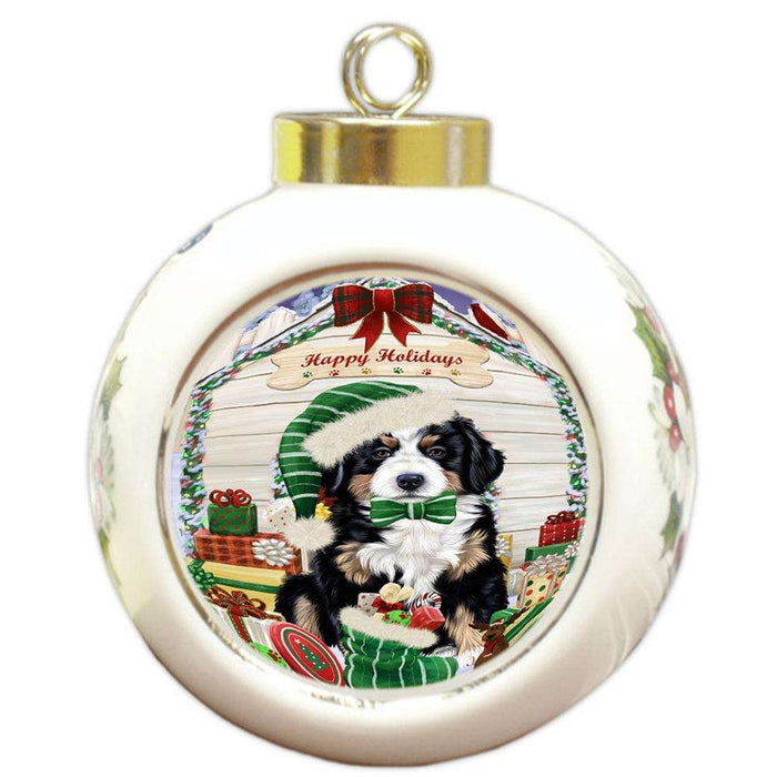 Happy Holidays Christmas Bernese Mountain Dog House with Presents Round Ball Christmas Ornament RBPOR51337