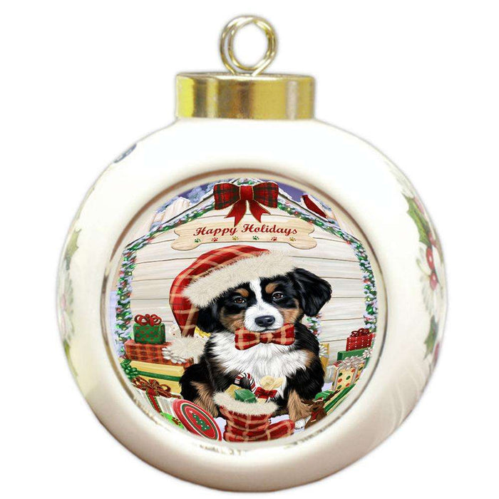 Happy Holidays Christmas Bernese Mountain Dog House with Presents Round Ball Christmas Ornament RBPOR51338