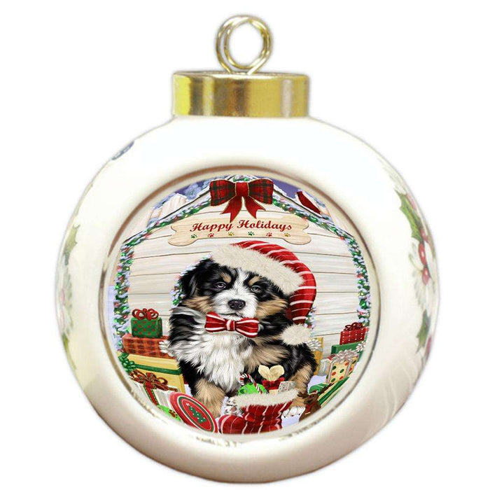 Happy Holidays Christmas Bernese Mountain Dog House with Presents Round Ball Christmas Ornament RBPOR51339