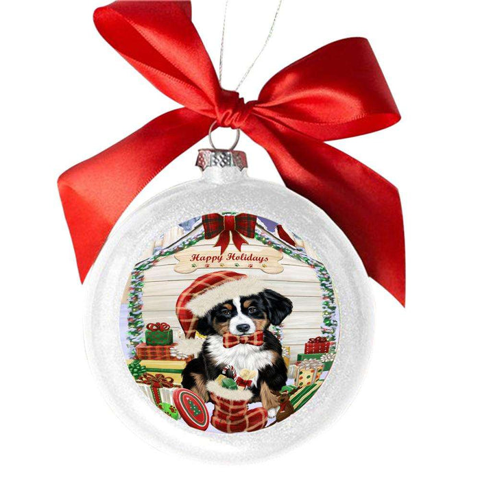 Happy Holidays Christmas Bernese Mountain Dog House With Presents White Round Ball Christmas Ornament WBSOR49788