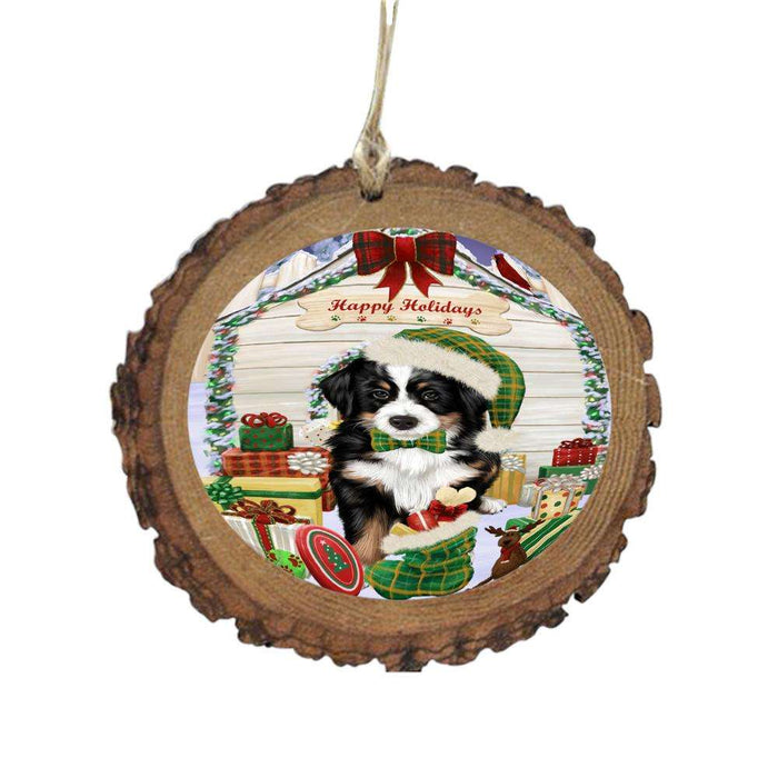 Happy Holidays Christmas Bernese Mountain Dog House With Presents Wooden Christmas Ornament WOR49786
