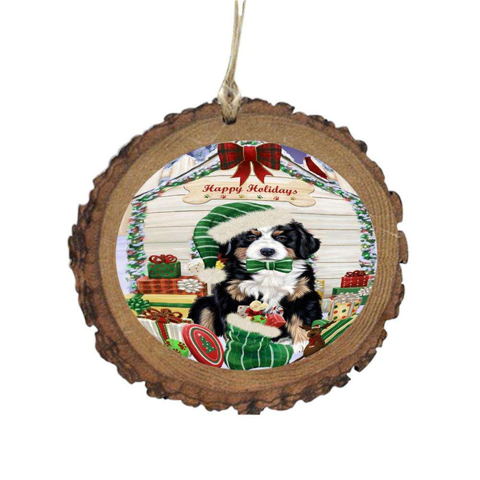 Happy Holidays Christmas Bernese Mountain Dog House With Presents Wooden Christmas Ornament WOR49787