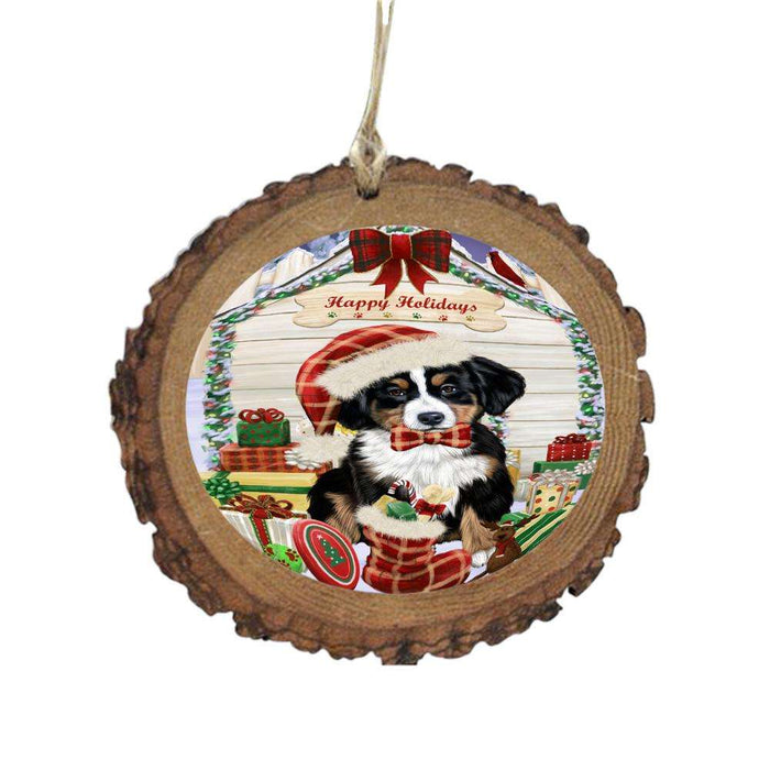 Happy Holidays Christmas Bernese Mountain Dog House With Presents Wooden Christmas Ornament WOR49788