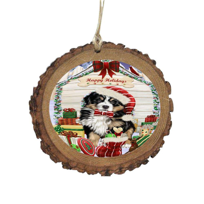 Happy Holidays Christmas Bernese Mountain Dog House With Presents Wooden Christmas Ornament WOR49789