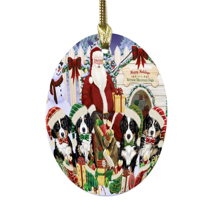 Happy Holidays Christmas Bernese Mountain Dogs Dog House Gathering Oval Glass Christmas Ornament OGOR49683