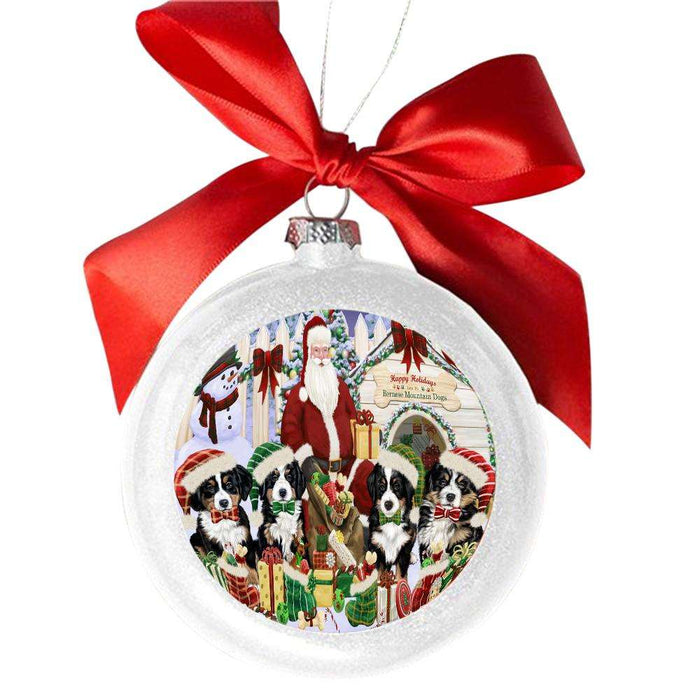 Happy Holidays Christmas Bernese Mountain Dogs Dog House Gathering White Round Ball Christmas Ornament WBSOR49683
