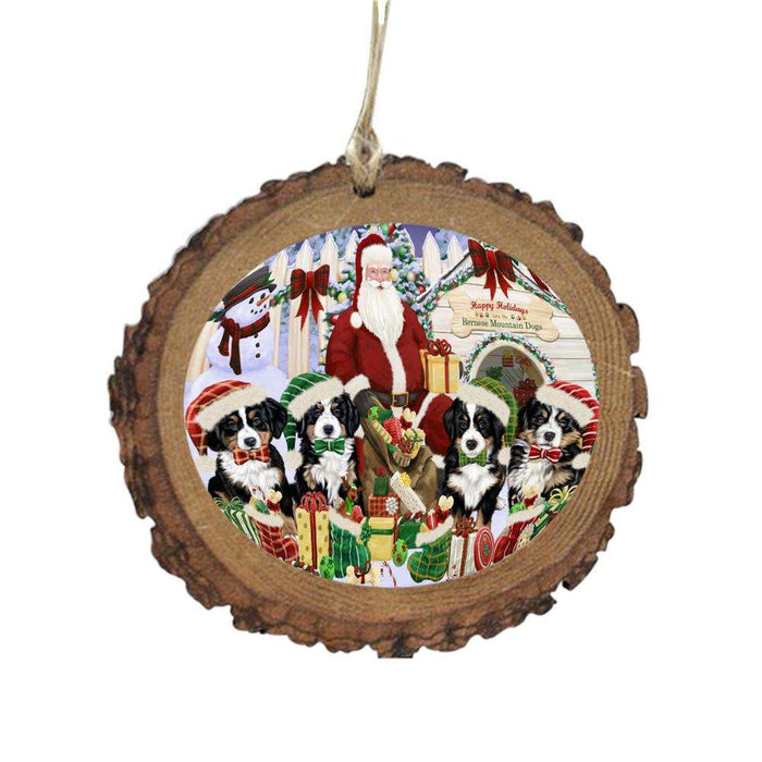 Happy Holidays Christmas Bernese Mountain Dogs Dog House Gathering Wooden Christmas Ornament WOR49683