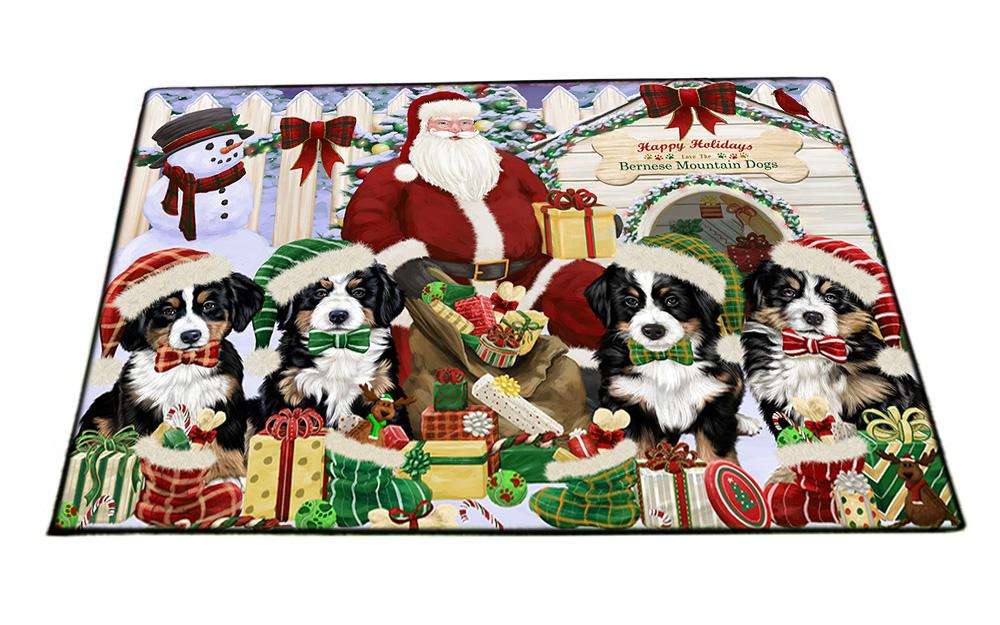 Happy Holidays Christmas Bernese Mountain Dogs House Gathering Floormat FLMS51051