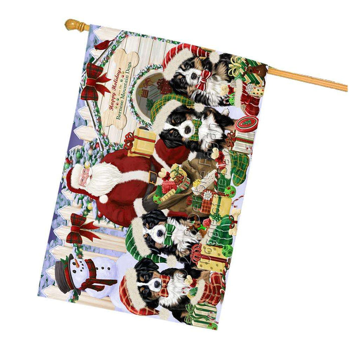 Happy Holidays Christmas Bernese Mountain Dogs House Gathering House Flag FLG51338