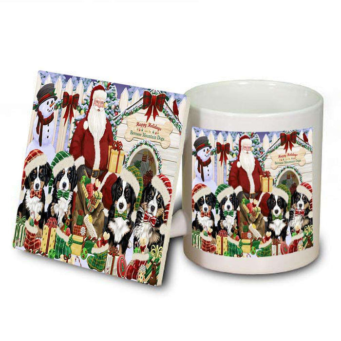 Happy Holidays Christmas Bernese Mountain Dogs House Gathering Mug and Coaster Set MUC51272