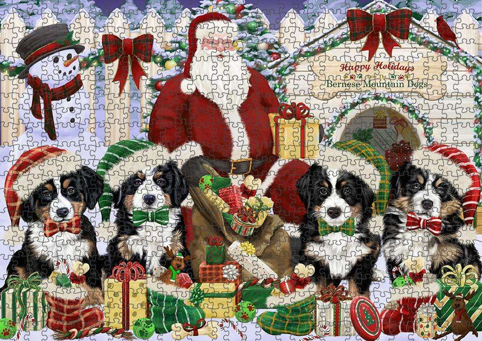 Happy Holidays Christmas Bernese Mountain Dogs House Gathering Puzzle with Photo Tin PUZL57702