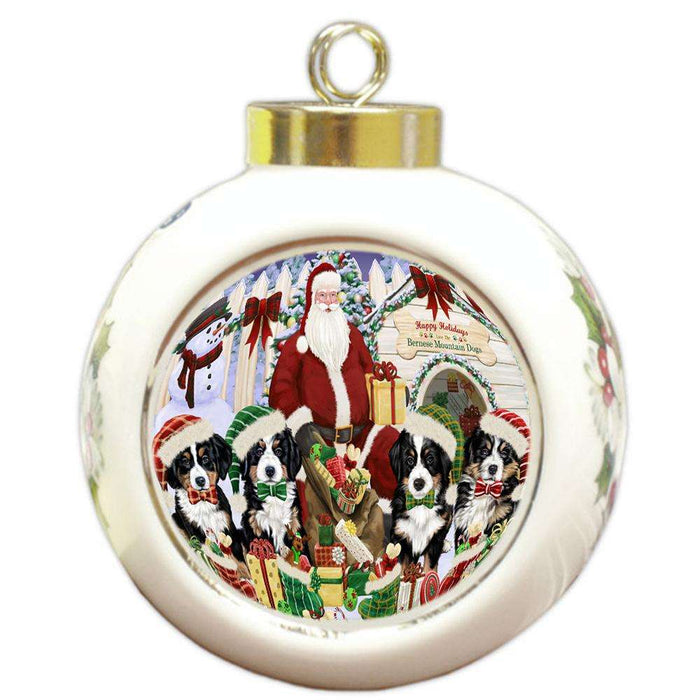 Happy Holidays Christmas Bernese Mountain Dogs House Gathering Round Ball Christmas Ornament RBPOR51280