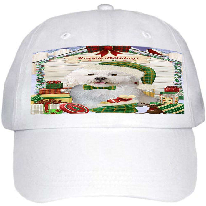 Happy Holidays Christmas Bichon Frise Dog House with Presents Ball Hat Cap HAT57753