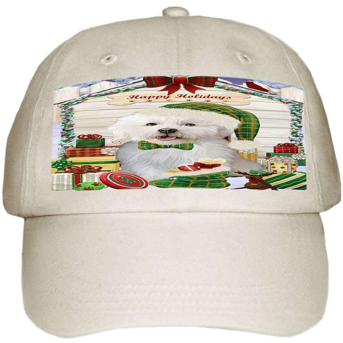 Happy Holidays Christmas Bichon Frise Dog House with Presents Ball Hat Cap HAT57753