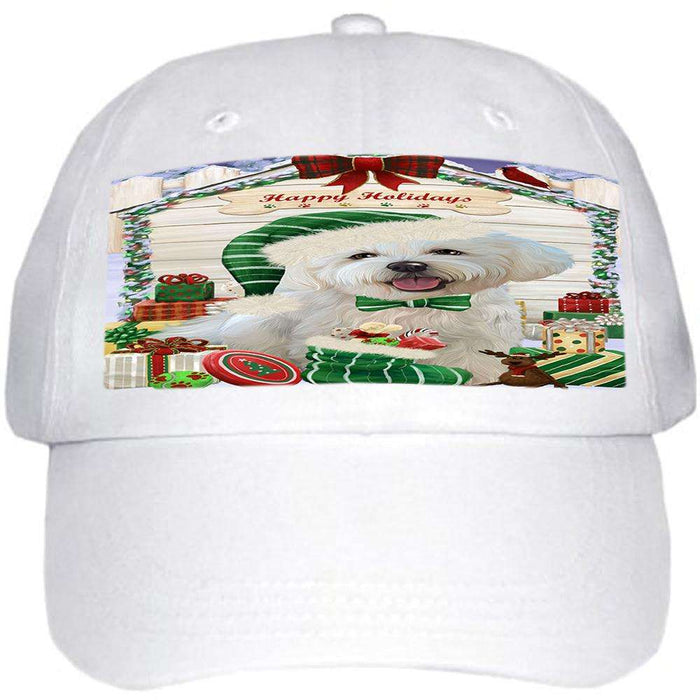 Happy Holidays Christmas Bichon Frise Dog House with Presents Ball Hat Cap HAT57756