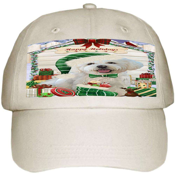 Happy Holidays Christmas Bichon Frise Dog House with Presents Ball Hat Cap HAT57756