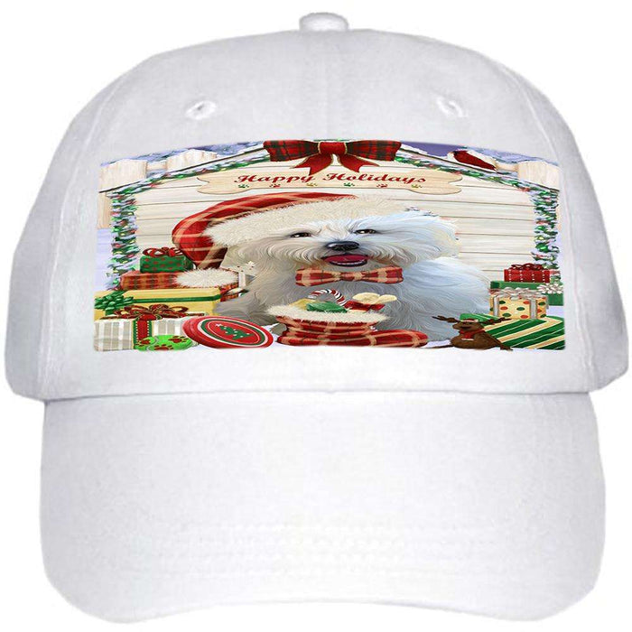 Happy Holidays Christmas Bichon Frise Dog House with Presents Ball Hat Cap HAT57759