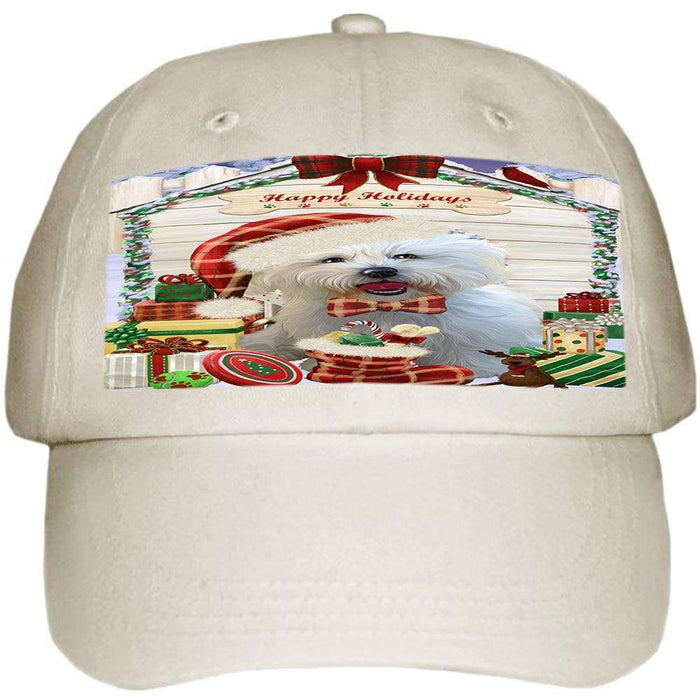 Happy Holidays Christmas Bichon Frise Dog House with Presents Ball Hat Cap HAT57759