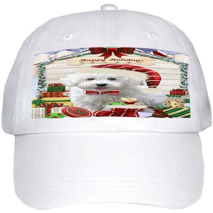 Happy Holidays Christmas Bichon Frise Dog House with Presents Ball Hat Cap HAT57762