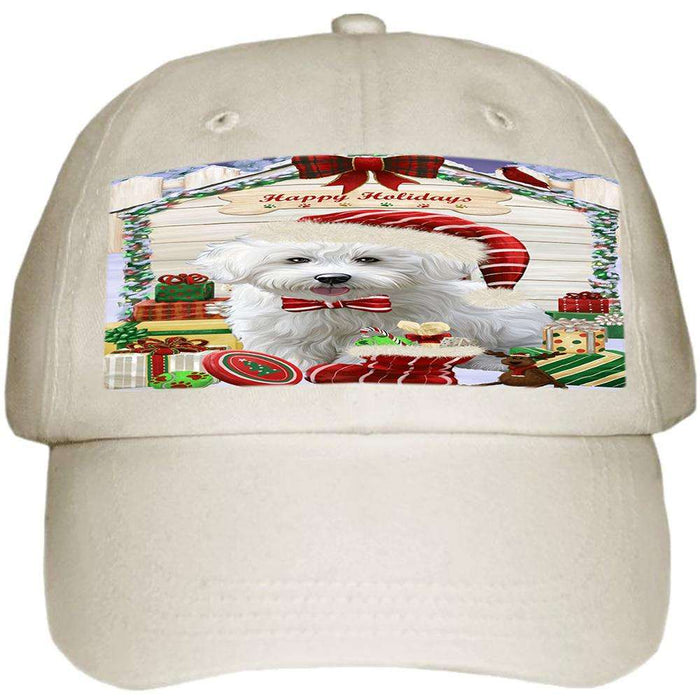 Happy Holidays Christmas Bichon Frise Dog House with Presents Ball Hat Cap HAT57762