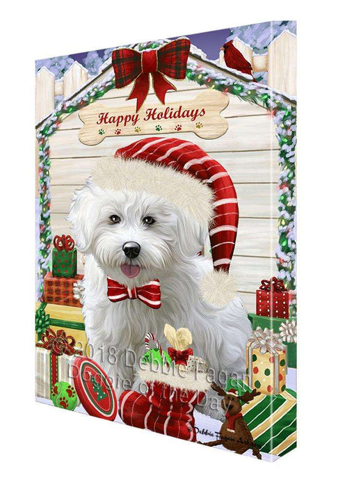 Happy Holidays Christmas Bichon Frise Dog House with Presents Canvas Print Wall Art Décor CVS78677