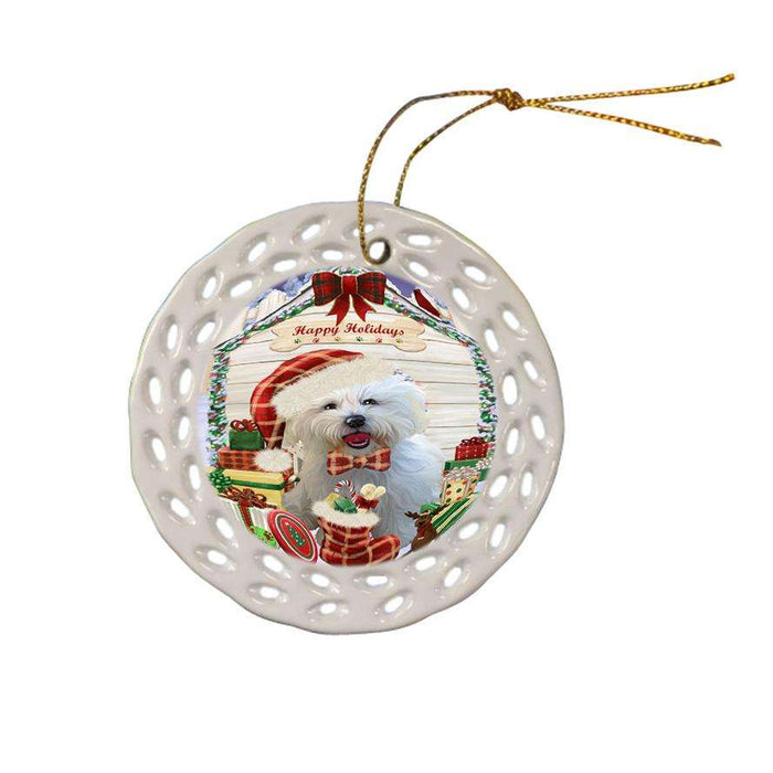 Happy Holidays Christmas Bichon Frise Dog House with Presents Ceramic Doily Ornament DPOR51342