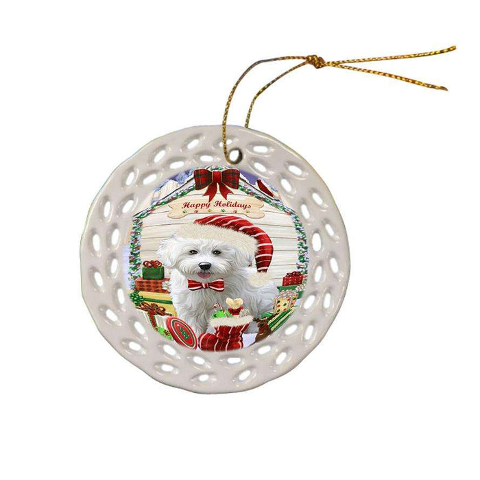 Happy Holidays Christmas Bichon Frise Dog House with Presents Ceramic Doily Ornament DPOR51343