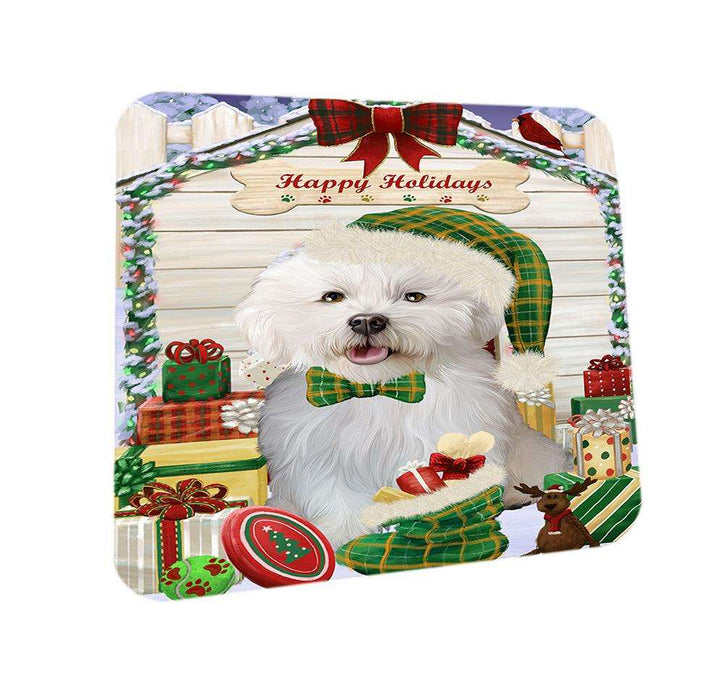 Happy Holidays Christmas Bichon Frise Dog House with Presents Coasters Set of 4 CST51299