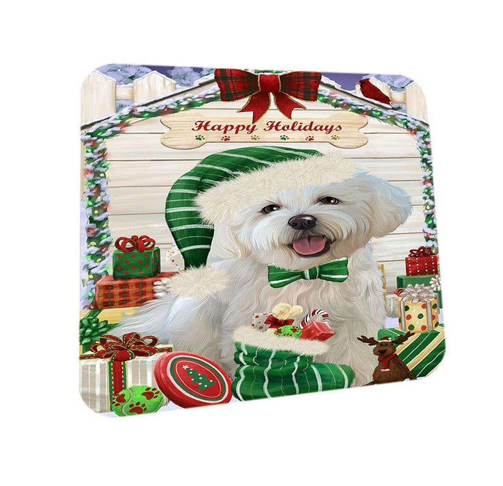 Happy Holidays Christmas Bichon Frise Dog House with Presents Coasters Set of 4 CST51300
