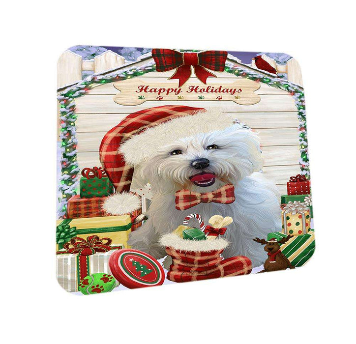 Happy Holidays Christmas Bichon Frise Dog House with Presents Coasters Set of 4 CST51301
