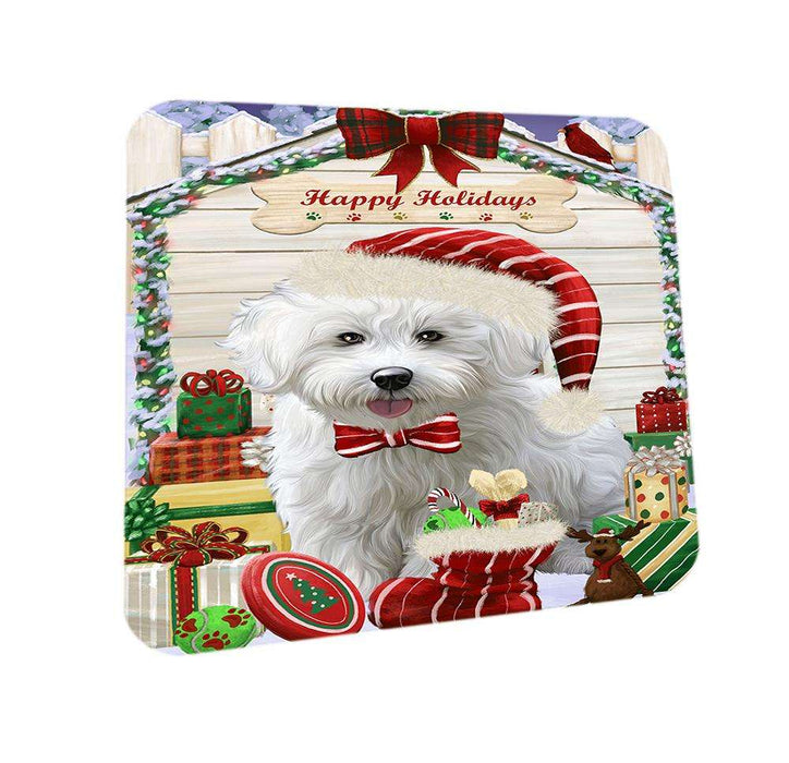 Happy Holidays Christmas Bichon Frise Dog House with Presents Coasters Set of 4 CST51302