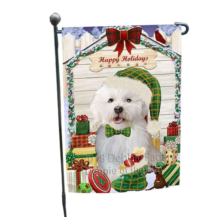 Happy Holidays Christmas Bichon Frise Dog House with Presents Garden Flag GFLG51262