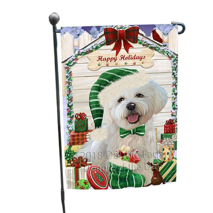 Happy Holidays Christmas Bichon Frise Dog House with Presents Garden Flag GFLG51263