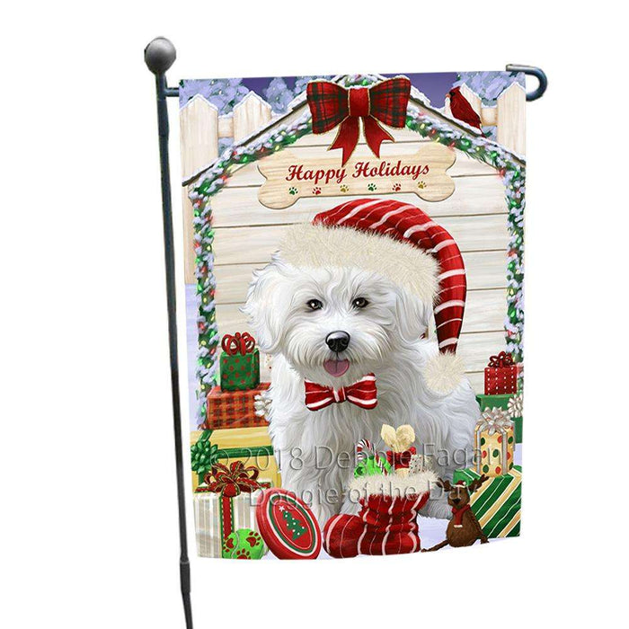 Happy Holidays Christmas Bichon Frise Dog House with Presents Garden Flag GFLG51265