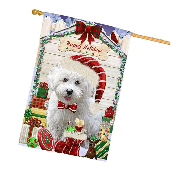 Happy Holidays Christmas Bichon Frise Dog House with Presents House Flag FLG51401