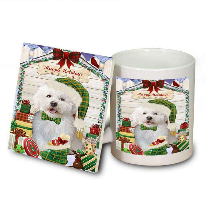 Happy Holidays Christmas Bichon Frise Dog House with Presents Mug and Coaster Set MUC51332